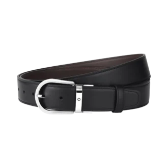 Cintura in pelle nera/marrone chiaro con fibbia a ferro di cavallo da 35 mm