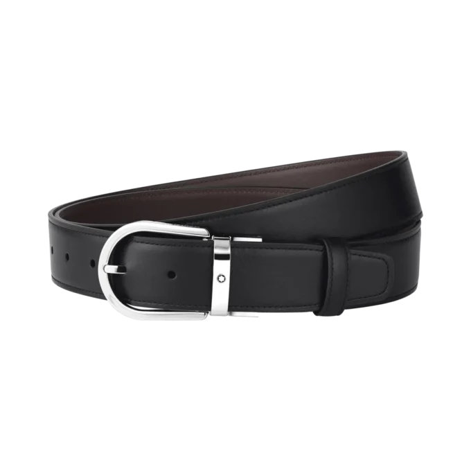 Cintura in pelle nera/marrone chiaro con fibbia a ferro di cavallo da 35 mm