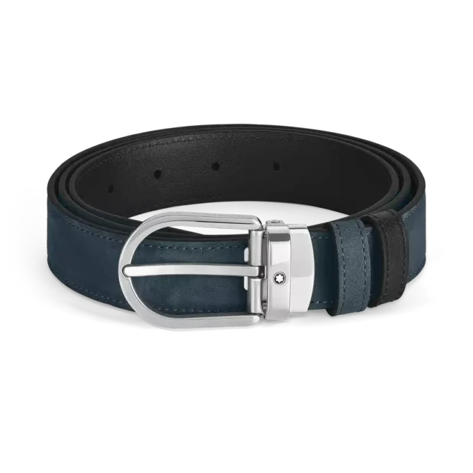 Cintura in pelle reversibile con fibbia a ferro di cavallo blu/nero 30 mm