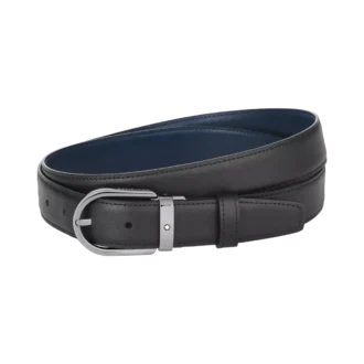 Cintura in pelle reversibile con fibbia a ferro di cavallo nera/blu 30 mm