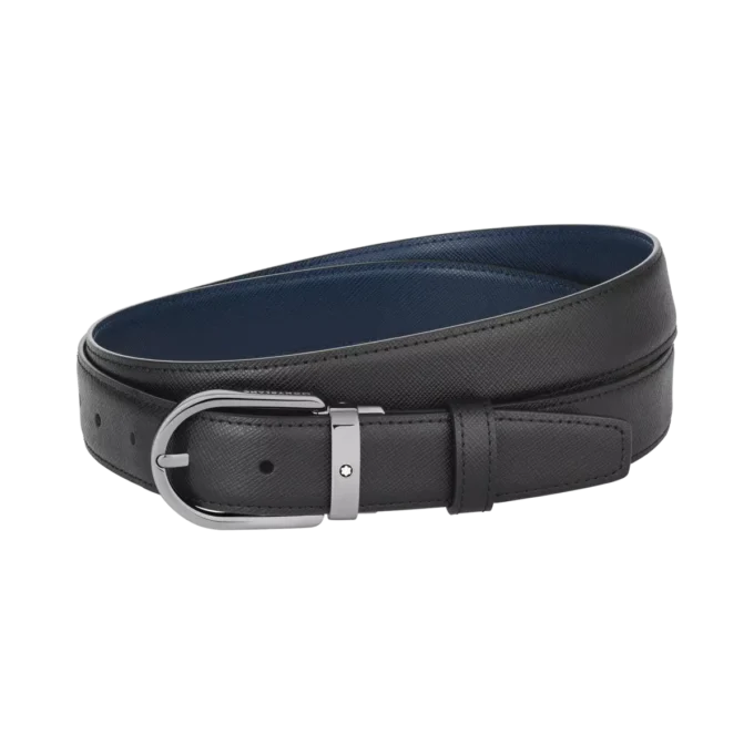 Cintura in pelle reversibile con fibbia a ferro di cavallo nera/blu 30 mm