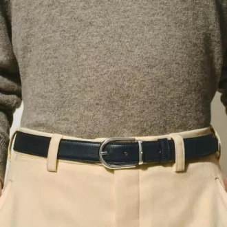 Cintura in pelle reversibile con fibbia a ferro di cavallo nera/blu 30 mm