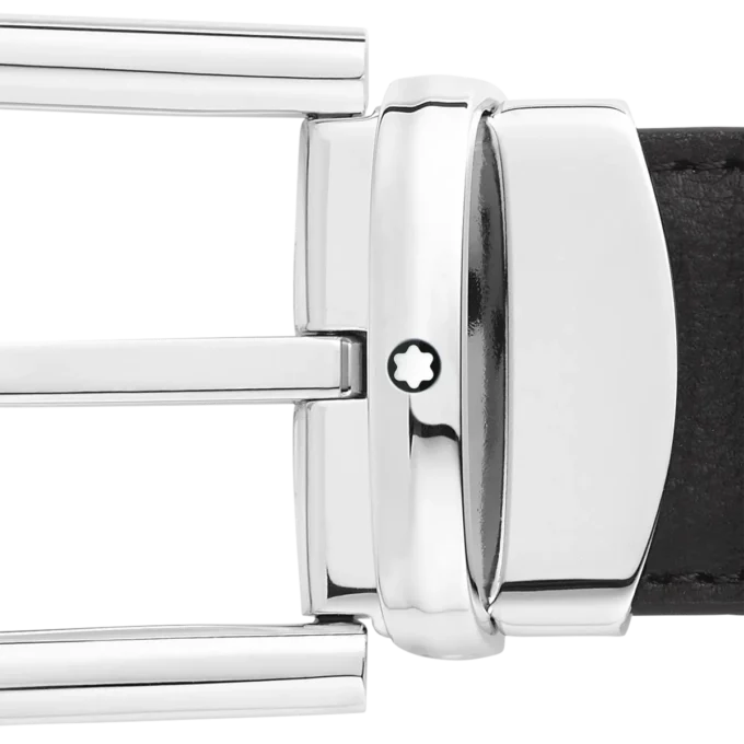 Cintura in pelle reversibile con fibbia a ferro di cavallo nera/blu 30 mm