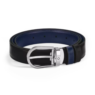 Cintura in pelle reversibile con fibbia a ferro di cavallo nera/blu inchiostro 30 mm