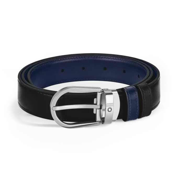 Cintura in pelle reversibile con fibbia a ferro di cavallo nera/blu inchiostro 30 mm