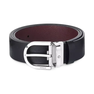 Cintura in pelle reversibile con fibbia a ferro di cavallo stampata nera/mosto 35 mm