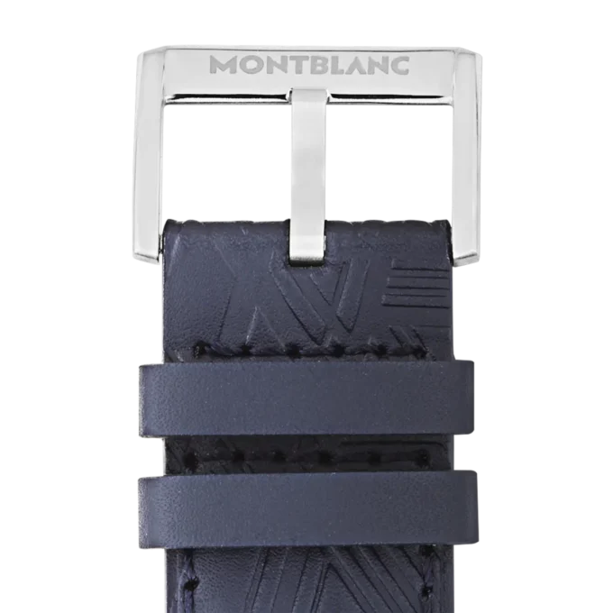 Cintura in vitello blu con fibbia ad ardiglione grigia