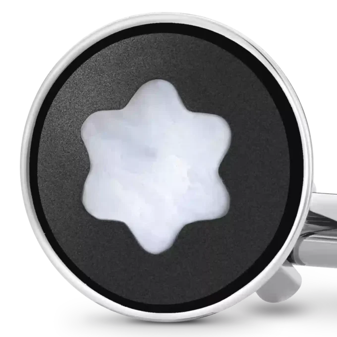 Gemelli rotondi in acciaio inossidabile con intarsio in PVD nero ed emblema in madreperla con cappello da neve