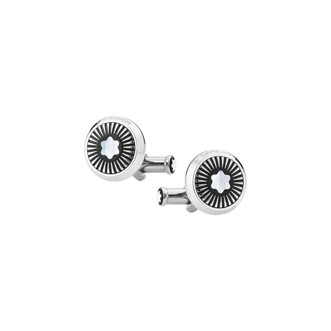 Gemelli rotondi in acciaio inossidabile con motivo a raggi e emblema in madreperla con cappello di neve