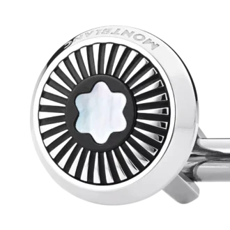 Gemelli rotondi in acciaio inossidabile con motivo a raggi e emblema in madreperla con cappello di neve