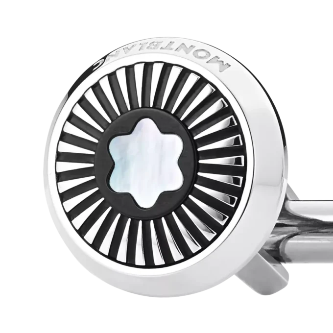 Gemelli rotondi in acciaio inossidabile con motivo a raggi e emblema in madreperla con cappello di neve