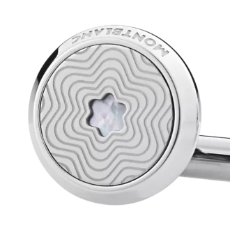 Gemelli rotondi in acciaio inossidabile con motivo a stella esplosiva ed emblema in madreperla con cappello da neve