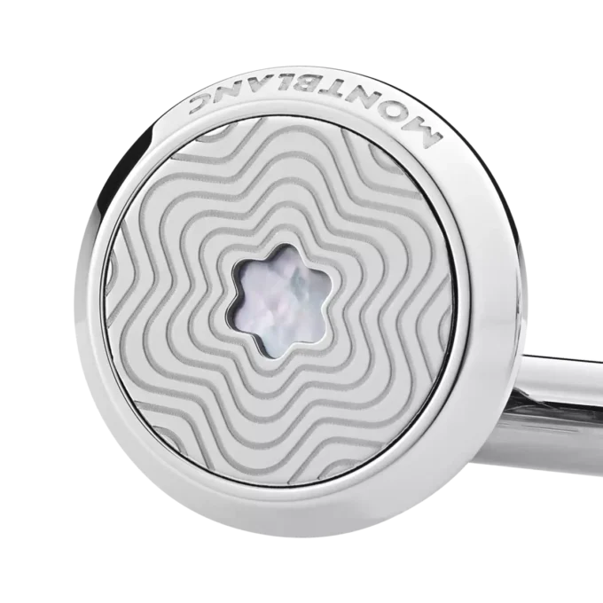 Gemelli rotondi in acciaio inossidabile con motivo a stella esplosiva ed emblema in madreperla con cappello da neve Gemelli rotondi in acciaio inossidabile con motivo a stella esplosiva ed emblema in madreperla con cappello da neve